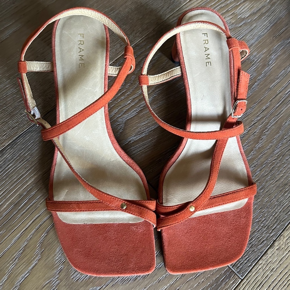 FRAME Le Braxton Strappy Sandal Orange Suede Block Heel EU 36 / US 5.5 NEW - Picture 3 of 11